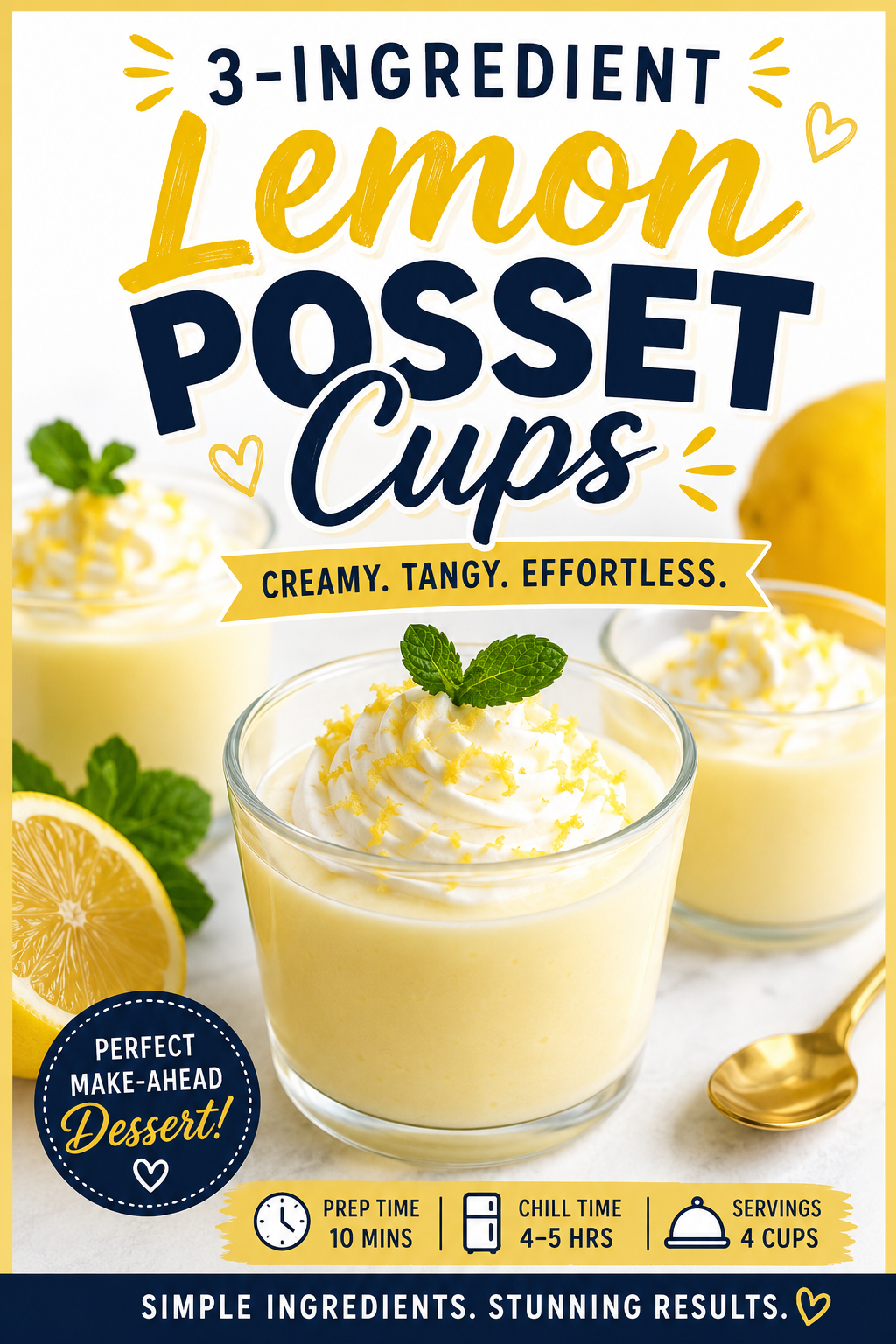 Three ingredient lemon posset cups topped with whipped cream, lemon zest, and fresh mint