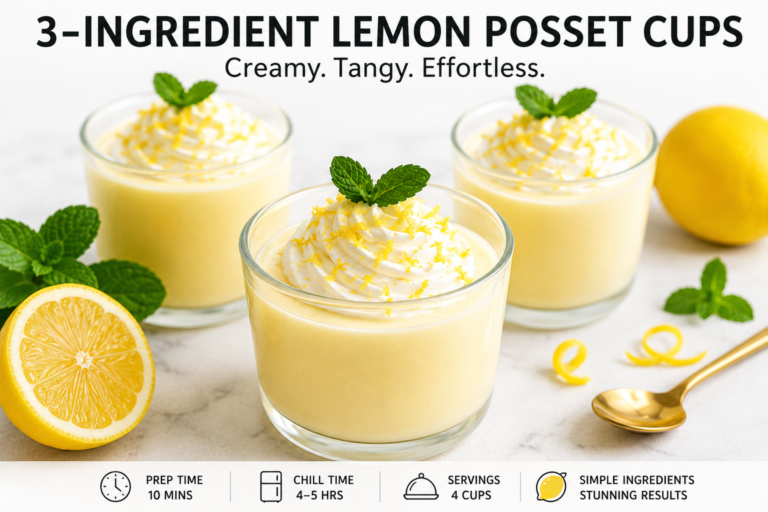 Creamy 3-ingredient lemon posset cups topped with whipped cream, lemon zest, and fresh mint.